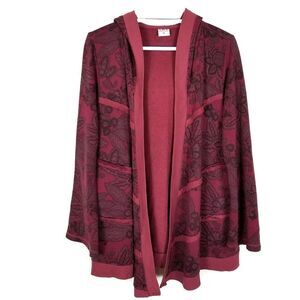 C.M.C. Women Printed Cotton Cardigan Sweater Size M Wine Lagenlook Artsy Hoodie